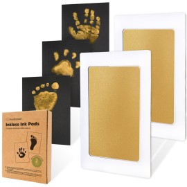 2-Pack Inkless Baby Hand and Footprint Kit - Mess Free Ink Pad for Newborn Keepsake, Dog Nose & Paw Print Kit, Clean Touch Ink Pad for Baby Hand & Footprints, Ideal New Mom Gifts (Gold)