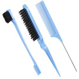 Geiserailie 3 Pcs Slick Back Hair Brush Set Bristle Brush Edge Control Teasing Comb for Women Black Hair(Light Blue)