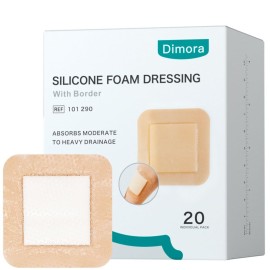 Dimora Silicone Foam Dressing 3x3 inch with Border 20 Pack, Wound Bandage, Gentle Adhesive Waterproof Pads for Sensitive Skin Wound Care 7.5x7.5 cm