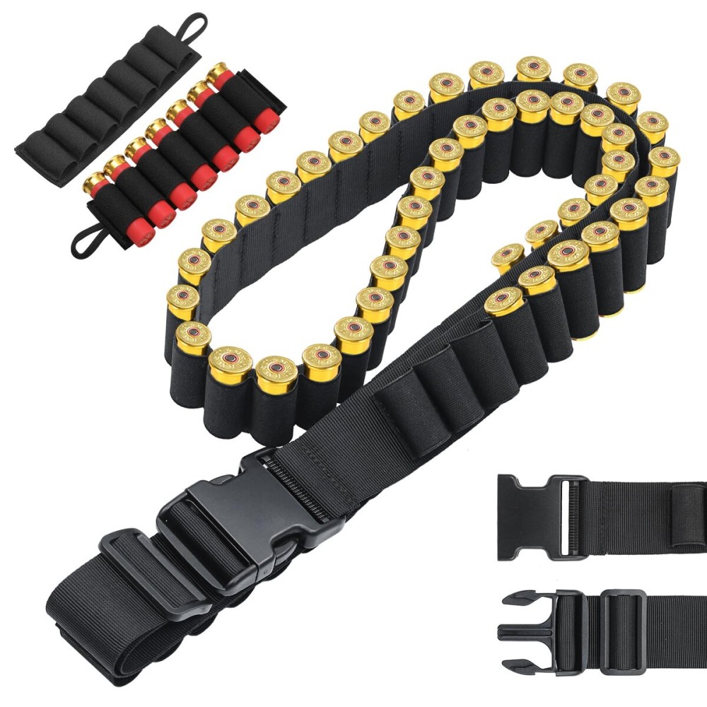 Tyseam 12/20 Gauge 60 Round Adjustable Shotgun Shell Bandolier with Quick Release Buckle, 2 Pack Shotgun Shell Holder Holds Shotgun Shells for Hunting (Black)