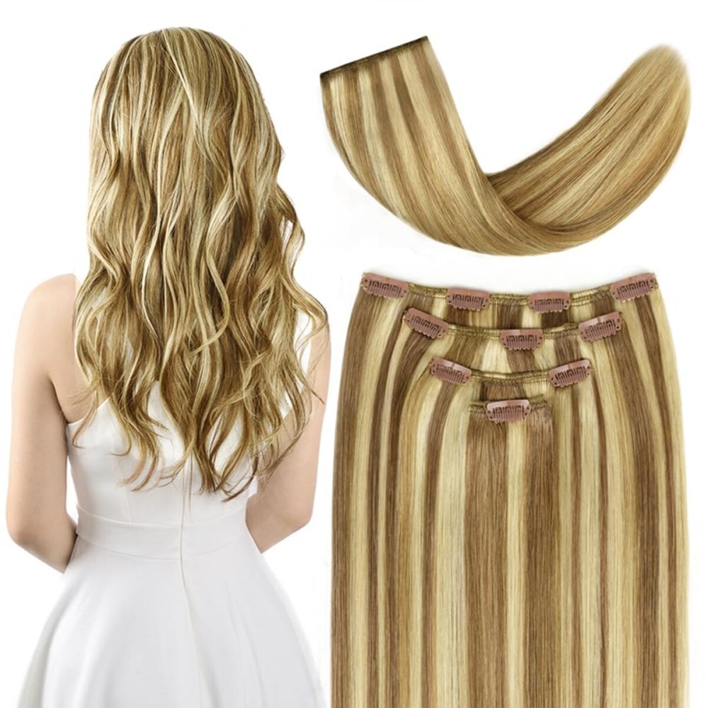 12 Clip in Hair Extensions Remy Human Hair for Women - Silky Straight Human Hair Clip in Extensions 50grams 4pieces 12-613 Color
