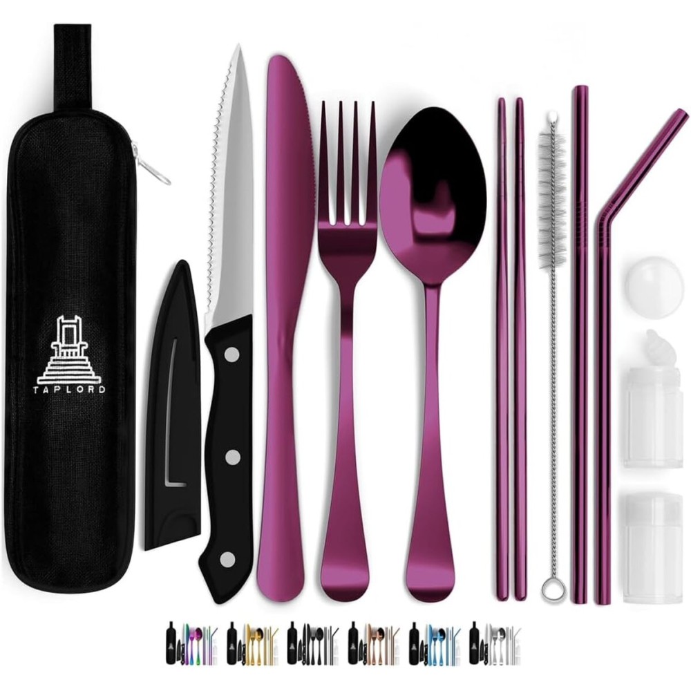 Taplord Portable Travel Silverware Set With Case, Includes 10 Pcs of Travel Utensils With Case, Stainless Steel Flatware Set For Camping, Lightweight (Purple)