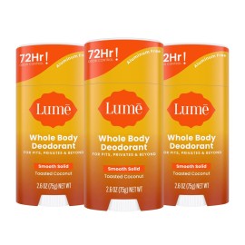 Lume Whole Body Deodorant - Smooth Solid Stick - 72 Hour Odor Control - Aluminum Free, Baking Soda Free and Skin Loving - 2.6 Ounce (Pack of 3) (Toasted Coconut)