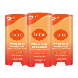 Lume Whole Body Deodorant - Smooth Solid Stick - 72 Hour Odor Control - Aluminum Free, Baking Soda Free and Skin Loving - 2.6 Ounce (Pack of 3) (Clean Tangerine)
