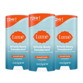 Lume Whole Body Deodorant - Smooth Solid Stick - 72 Hour Odor Control - Aluminum Free, Baking Soda Free and Skin Loving - 2.6 Ounce (Pack of 3) (Unscented)