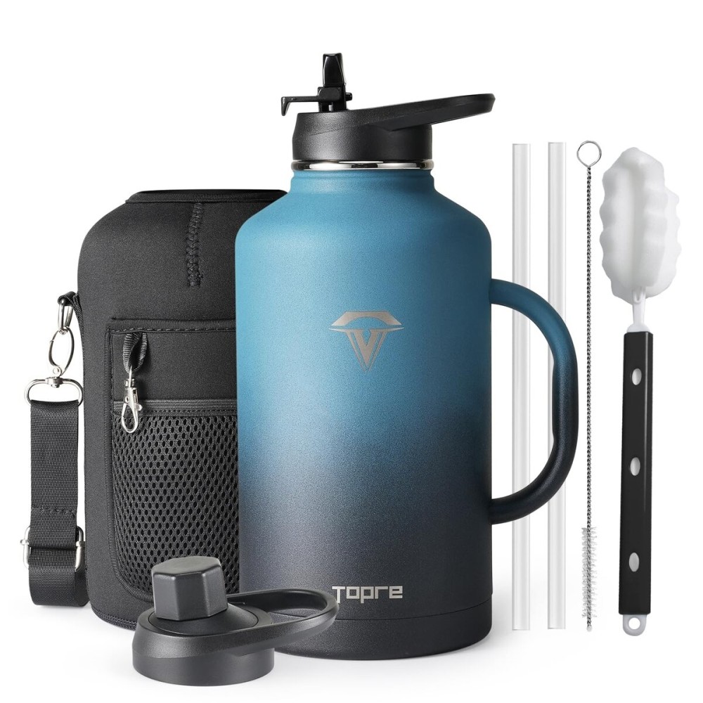 Topre 64oz Water Bottle Insulated with Handle,Double-Wall Vacuum Stainless Steel (Cold for 48 Hrs), Half Gallon Water Jugs,Reusable Metal Water Flask with Carry Pouch,Straw & Spout Lid,Indigo Black