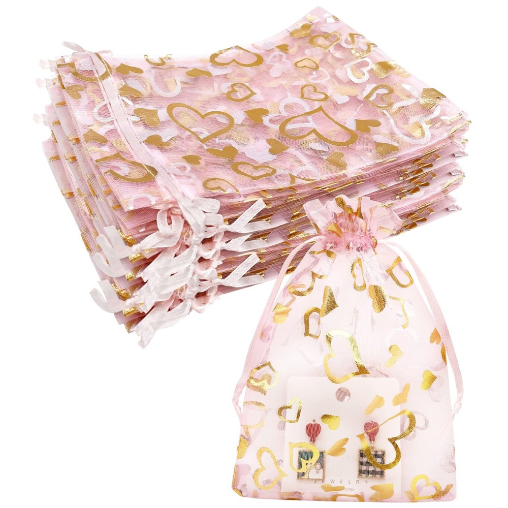 Jexila 100PCS Pink Heart Organza Gift Bags 4x6 inch with Drawstring Wedding Party Favor Pouch Small Mesh Jewelry Bag for Baby Shower Goodie Candy Bags