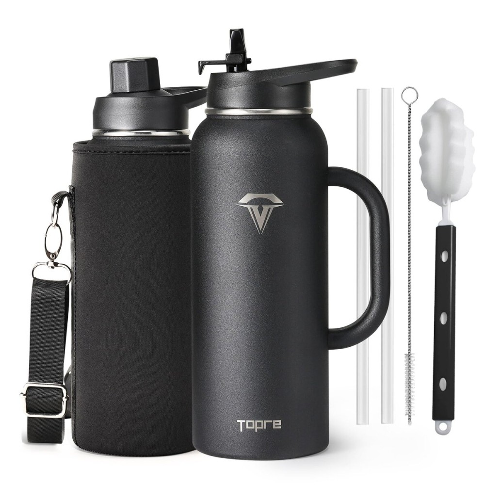 Topre 40 oz Insulated Water Bottle with Straw and Lid, Food-grade Double Wall Vacuum Stainless Steel Flask with Handle,Leakproof Metal Travel Jug With Carry Pouch and Brush,Keep Cold & Hot,Black