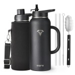 Topre 40 oz Insulated Water Bottle with Straw and Lid, Food-grade Double Wall Vacuum Stainless Steel Flask with Handle,Leakproof Metal Travel Jug With Carry Pouch and Brush,Keep Cold & Hot,Black
