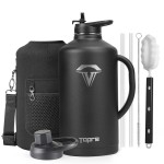 Topre 128 oz Insulated Water Bottle with Straw and Lid, One Gallon Stainless Steel Cup with Handle,Leakproof Metal Travel Jug Flask Mug Tumbler Cup With Carry Pouch and Brush,Keep Cold & Hot,Black