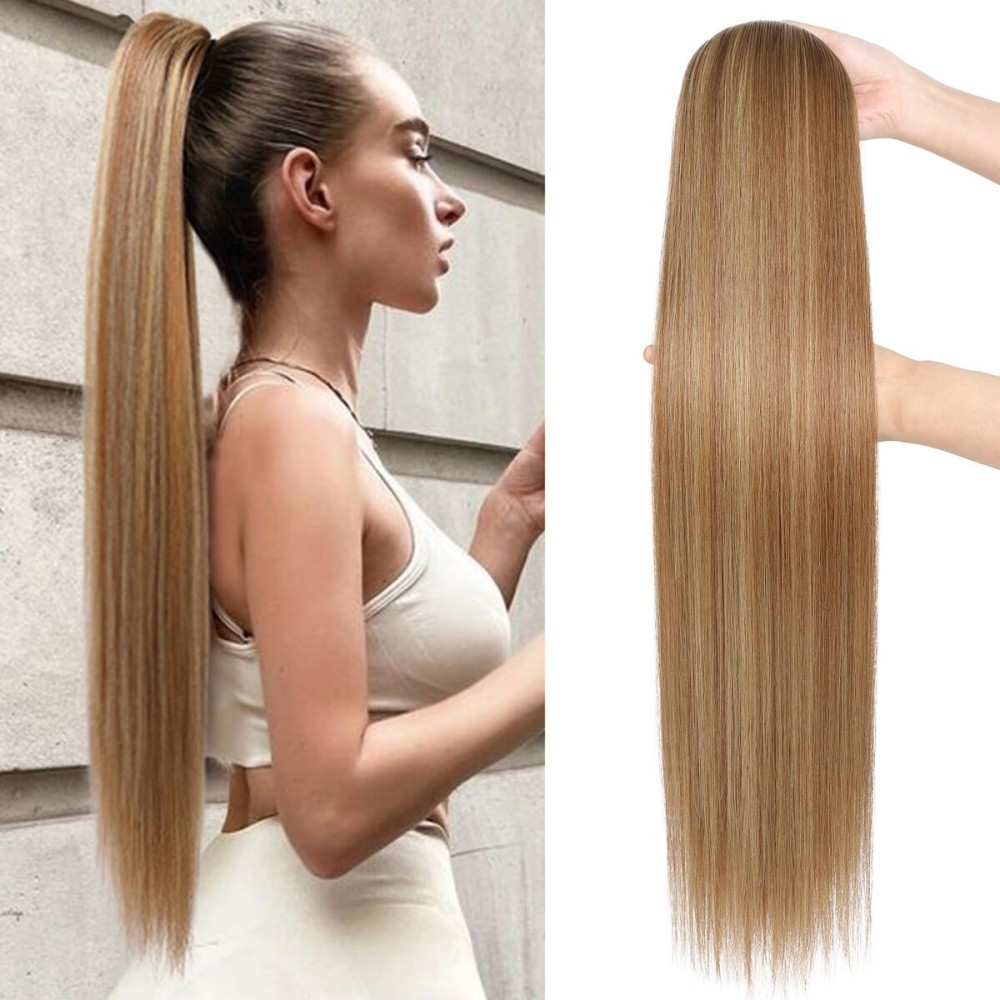 SEIKEA 28 Drawstring Ponytail Extensions Long Straight Fake Pony Tail Natural Soft Clip in Hair Extension Synthetic Heat Resistant Hairpiece - Light Brown with Blonde Highlights