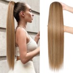SEIKEA 28 Drawstring Ponytail Extensions Long Straight Fake Pony Tail Natural Soft Clip in Hair Extension Synthetic Heat Resistant Hairpiece - Light Brown with Blonde Highlights