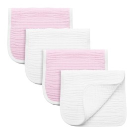 Synrroe Burp Cloths Large, Muslin Burp Cloths for Baby Girls and Boys, Pack of 4 Extra Absorbent and Soft Muslin, 6 Layers 20 by 10 Inches 100% Cotton (Pink-White 4 Pack)