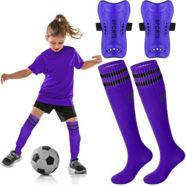 Syhood Soccer Shin Guards and Socks for Toddler Kids Youth, Lightweight Soccer Shin Pads Protective Defender Gear for 3-5, 5-10, 10-15 Years Old Children Teen Boys Girls Sports Game(M Size,Purple)