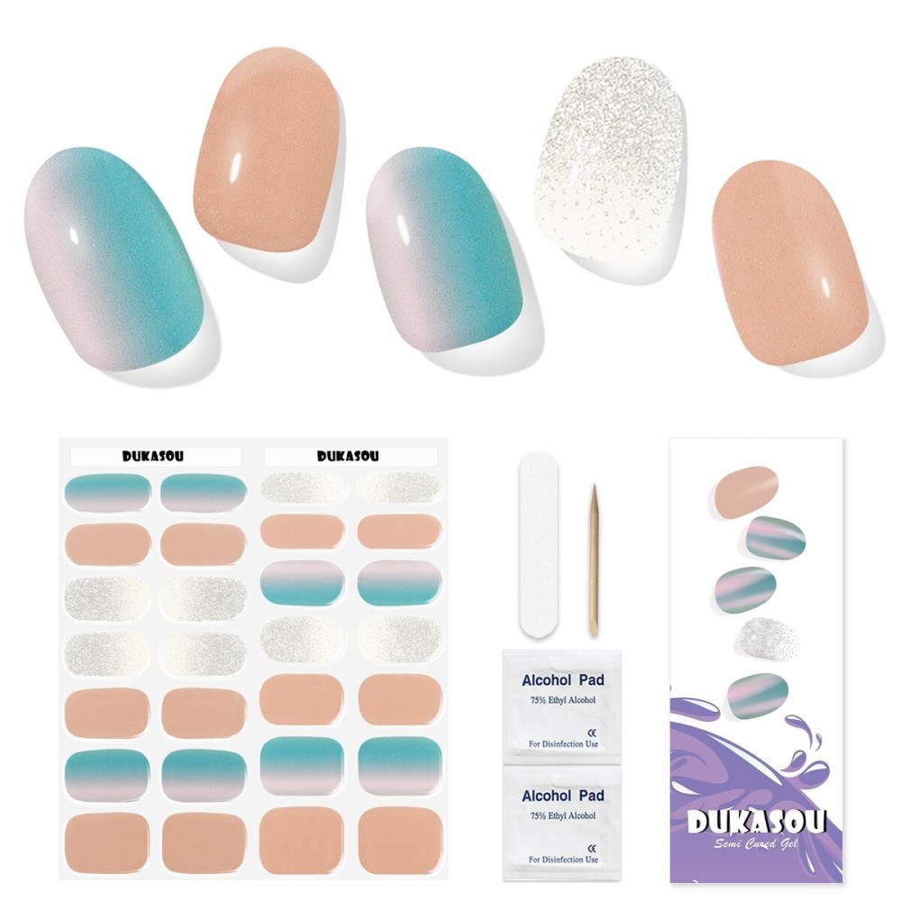 DUKASOU Semi Cured Gel Nail Strips, Sky Mirror | 28 pcs Gel Nail Strips Work with Any UV Lamp, Salon Quality UV Nails Stickers, Easy to Apply for Home Nails DIY