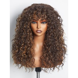 GORGIUS Veralux Blend Shaggy Haircuts Natural Highlight Curly Wigs with Bangs Crafted with Style-Archive Technology: Premium Fiber & Remy Human Hair Blended, Realistic Look with True Scalp
