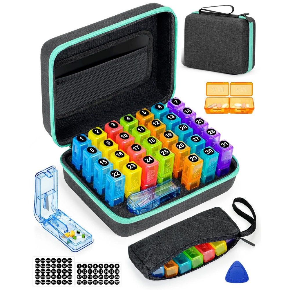 FRIWOLE Monthly Pill Organizer 2 Times a Day, with Weekly Pill Bag, Portable Hard Shell, Pill Cutter, Plastic Opening Pick, Monthly & Weekly Stickers, Convenient Medication Management and Tracking