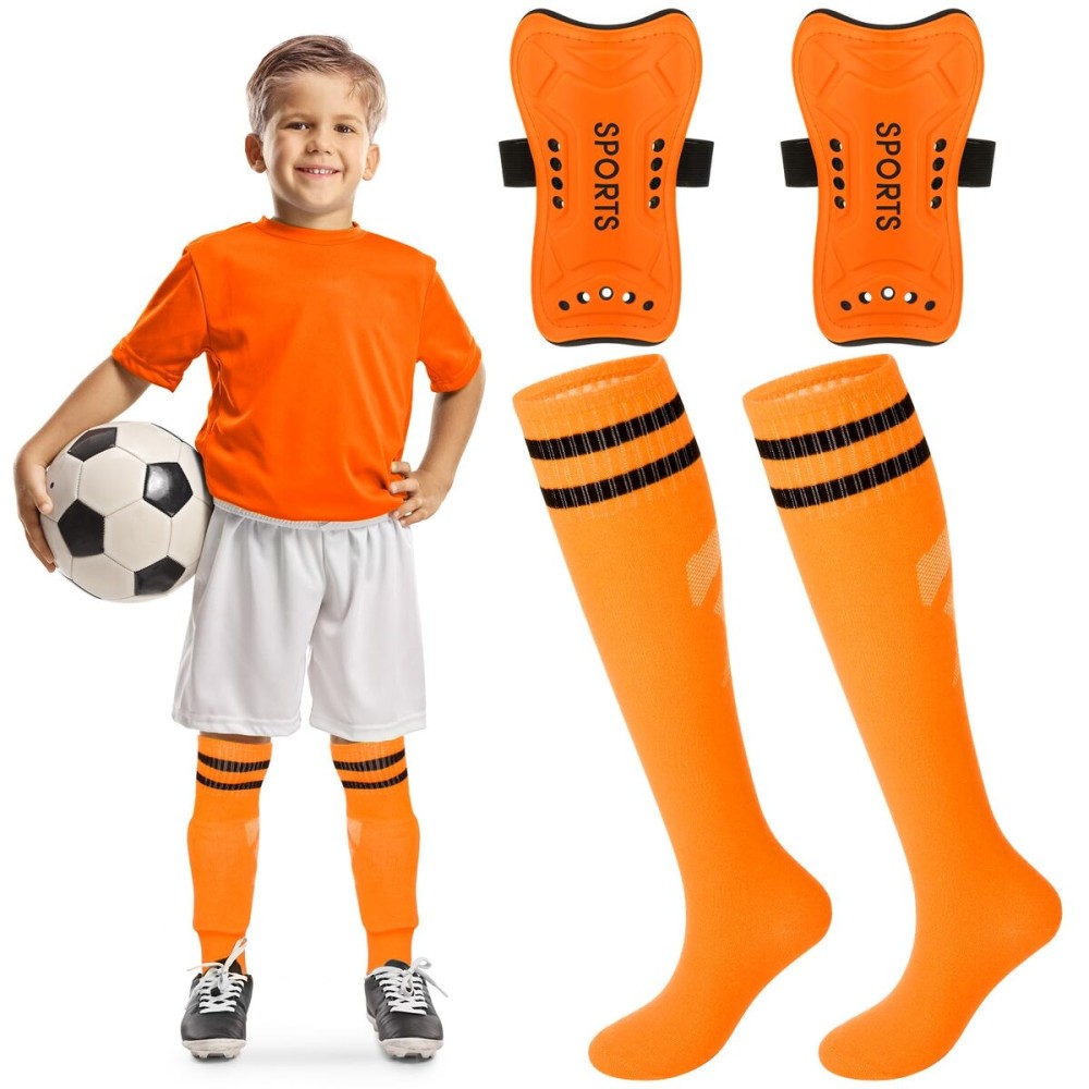 Syhood Soccer Shin Guards and Socks for Toddler Kids Youth, Lightweight Soccer Shin Pads Protective Defender Gear for 3-5, 5-10, 10-15 Years Old Children Teen Boys Girls Sports Game(S Size,Orange)