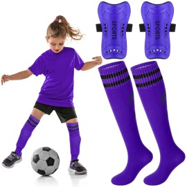 Syhood Soccer Shin Guards and Socks for Toddler Kids Youth, Lightweight Soccer Shin Pads Protective Defender Gear for 3-5, 5-10, 10-15 Years Old Children Teen Boys Girls Sports Game(S Size,Purple)