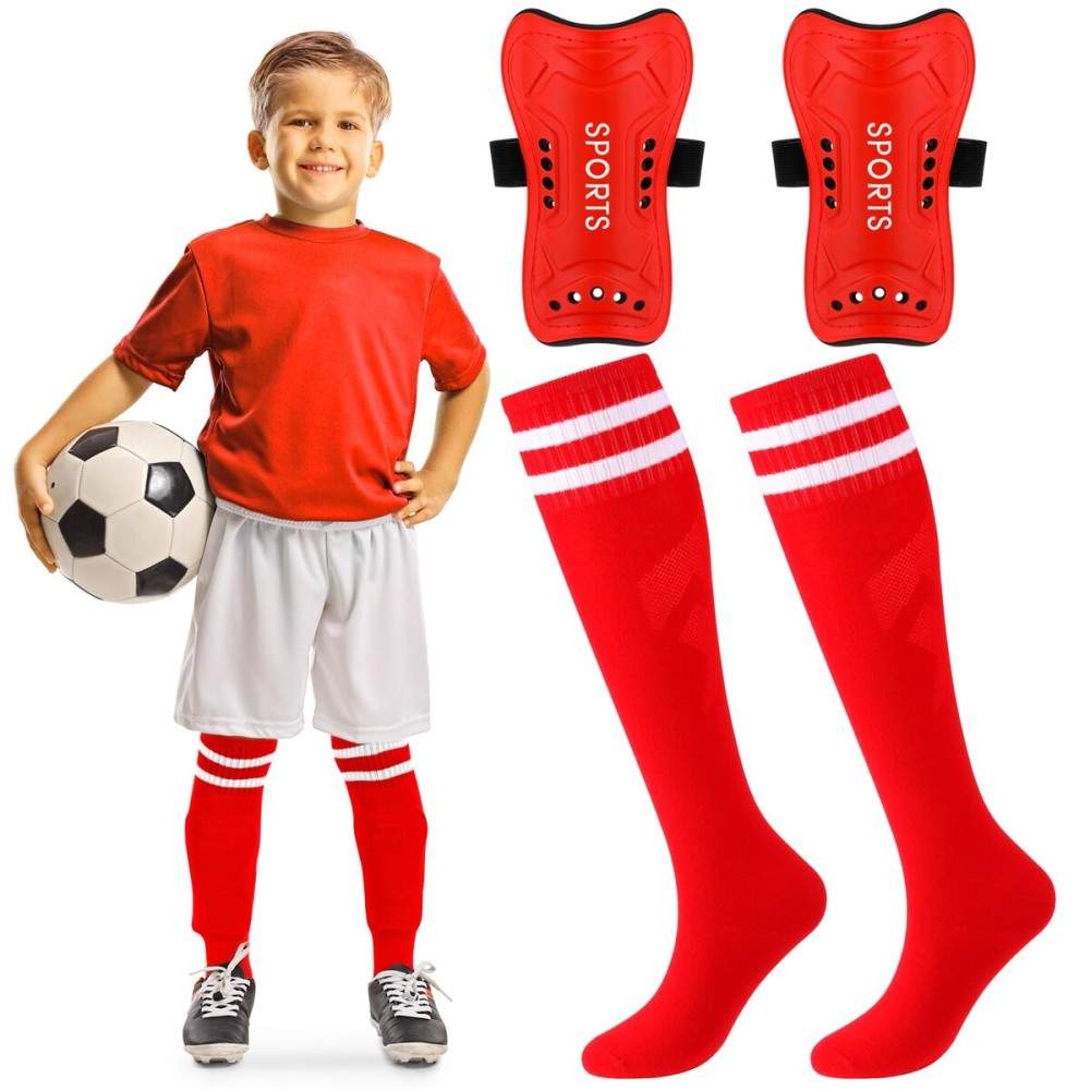 Syhood Soccer Shin Guards and Socks for Toddler Kids Youth, Lightweight Soccer Shin Pads Protective Defender Gear for 3-5, 5-10, 10-15 Years Old Children Teen Boys Girls Sports Game(S Size,Red)