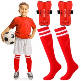 Syhood Soccer Shin Guards and Socks for Toddler Kids Youth, Lightweight Soccer Shin Pads Protective Defender Gear for 3-5, 5-10, 10-15 Years Old Children Teen Boys Girls Sports Game(S Size,Red)