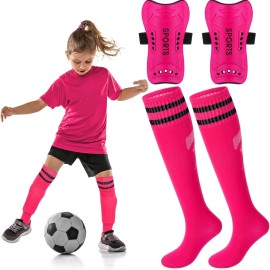 Syhood Soccer Shin Guards and Socks for Toddler Kids Youth, Lightweight Soccer Shin Pads Protective Defender Gear for 3-5, 5-10, 10-15 Years Old Children Teen Boys Girls Sports Game(M Size,Pink)