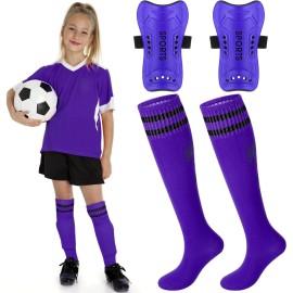 Syhood Soccer Shin Guards and Socks for Toddler Kids Youth, Lightweight Soccer Shin Pads Protective Defender Gear for 3-5, 5-10, 10-15 Years Old Children Teen Boys Girls Sports Game(L Size,Purple)