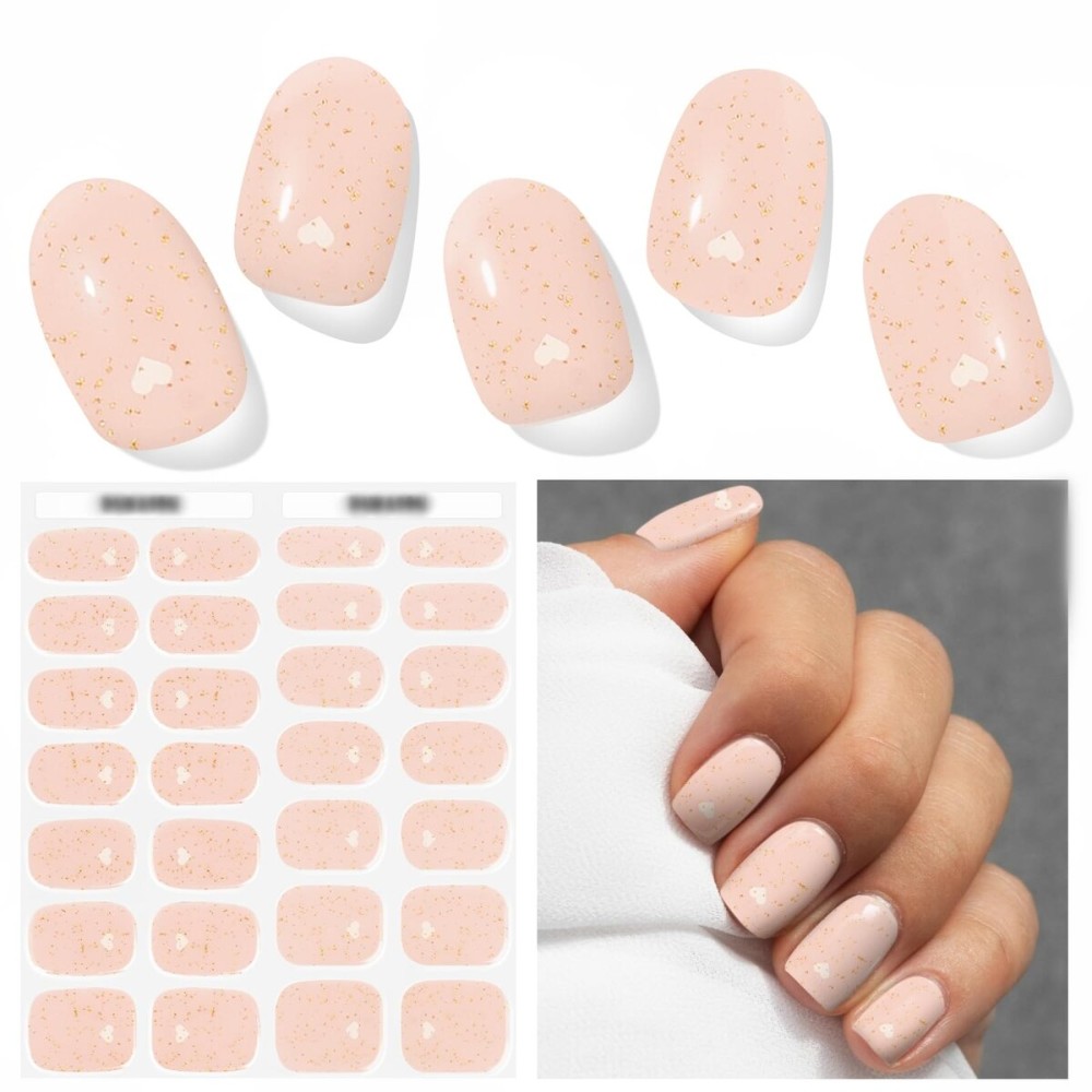 DUKASOU Semi Cured Gel Nail Strips, Heart to Heart | 28 pcs Gel Nail Strips Work with Any UV Lamp, Salon Quality UV Nails Stickers, Easy to Apply for Home Nails DIY