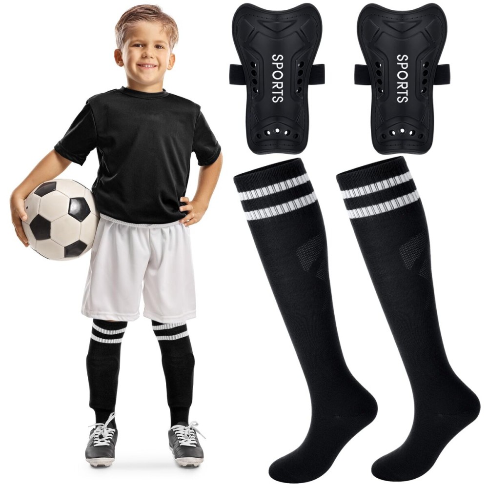 Syhood Soccer Shin Guards and Socks for Toddler Kids Youth, Lightweight Soccer Shin Pads Protective Defender Gear for 3-5, 5-10, 10-15 Years Old Children Teen Boys Girls Sports Game(M Size,Black)