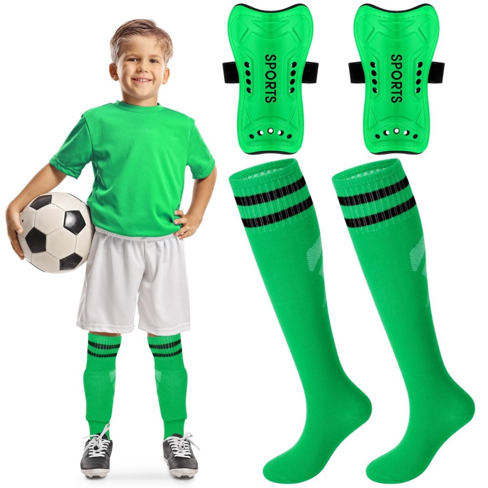 Syhood Soccer Shin Guards and Socks for Toddler Kids Youth, Lightweight Soccer Shin Pads Protective Defender Gear for 3-5, 5-10, 10-15 Years Old Children Teen Boys Girls Sports Game(M Size,Green)