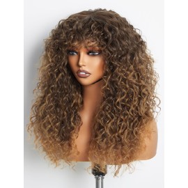 GORGIUS Veralux Blend Shaggy Haircuts Ombre Curly Wig with Bangs Honey Colored Wig Crafted with Style-Archive Technology: Premium Fiber & Remy Human Hair Blended, Realistic Look with True Scalp