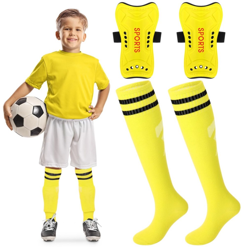 Syhood Soccer Shin Guards and Socks for Toddler Kids Youth, Lightweight Soccer Shin Pads Protective Defender Gear for 3-5, 5-10, 10-15 Years Old Children Teen Boys Girls Sports Game(M Size,Yellow)