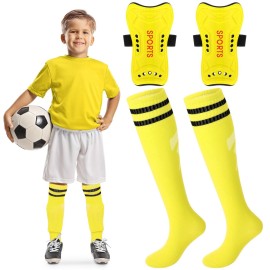 Syhood Soccer Shin Guards and Socks for Toddler Kids Youth, Lightweight Soccer Shin Pads Protective Defender Gear for 3-5, 5-10, 10-15 Years Old Children Teen Boys Girls Sports Game(M Size,Yellow)