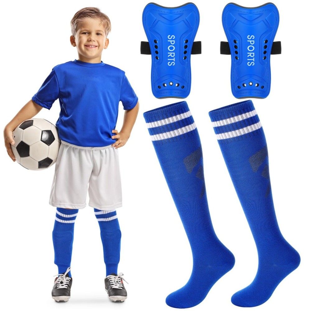 Syhood Soccer Shin Guards and Socks for Toddler Kids Youth, Lightweight Soccer Shin Pads Protective Defender Gear for 3-5, 5-10, 10-15 Years Old Children Teen Boys Girls Sports Game(S Size,Blue)
