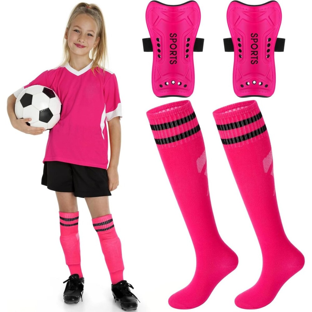 Syhood Soccer Shin Guards and Socks for Toddler Kids Youth, Lightweight Soccer Shin Pads Protective Defender Gear for 3-5, 5-10, 10-15 Years Old Children Teen Boys Girls Sports Game(L Size,Pink)