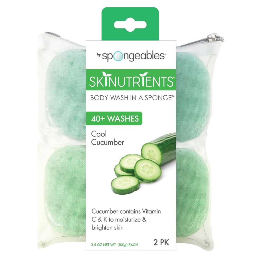 Spongeables Skinutrients Body Wash in a Sponge, Cool Cucumber with Bonus Travel Bag, 20+ Washes, 2 Pack