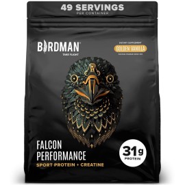 BIRDMAN Falcon Performance Vegan Protein Powder, 31g Protein, 5g Creatine, 5g BCAA, Probiotics, Electrolytes, Pre Workout, Low Carb, Sugar Free & Dairy Free, Plant Based Vanilla Protein - 49 Servings