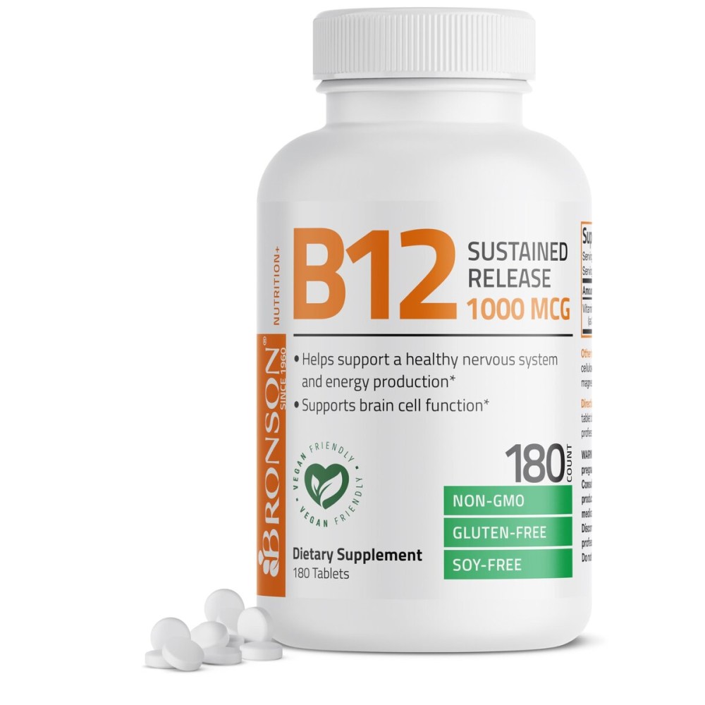 Bronson Vitamin B12 1000 mcg Sustained Release Premium Non GMO Tablets Supports Nervous System, Healthy Brain Function and Energy Production, 180 Tablets