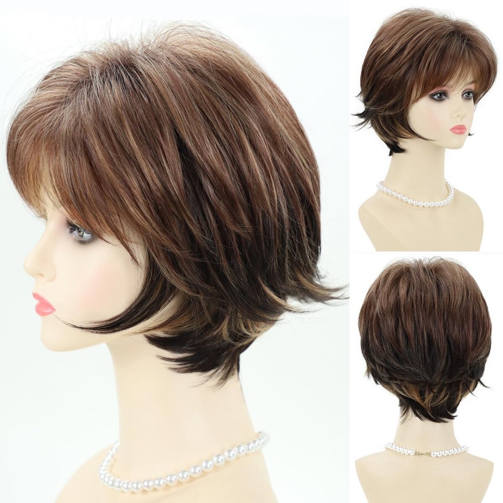 Short Mixed Brown Wigs with Dark Roots Natural Layered Short Hair Wigs for White Women Synthetic Blonde Highlights Wigs