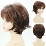 Short Mixed Brown Wigs with Dark Roots Natural Layered Short Hair Wigs for White Women Synthetic Blonde Highlights Wigs