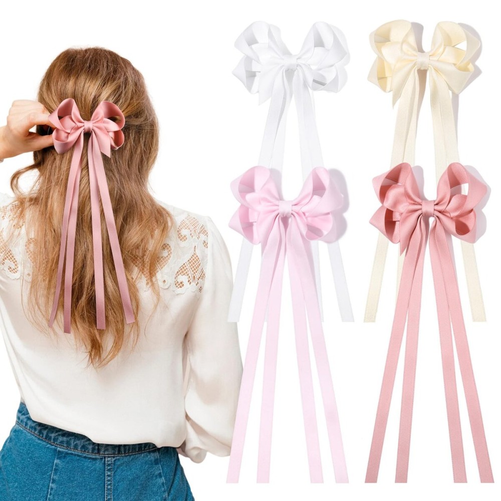 4 PCS Hair Bows Ribbon for Women Hair Clip White Pink Satin Bow with Long Tassel Hair Bow Accessories for Women Girls Toddlers Teens Kids