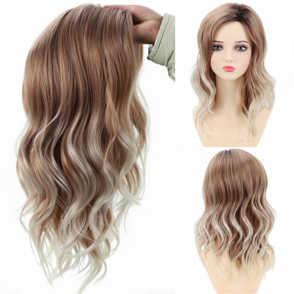 TISHINING Medium Rose Blonde Wavy Wigs for White Women Layered Ombre Rose Blonde to White Beach Wave Bob Wig Natural Looking Daily Party Synthetic Hair Wig