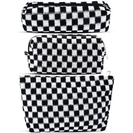 ZLFSRQ 3Pcs Checkered Makeup Bag for Women Large Small Checkered Cosmetic Bag Set Aesthetic Preppy Pencil Case Cute Pencil Pouch Black Makeup Pouch for Purse Travel Toiletry Bags Zipper Skincare Bags