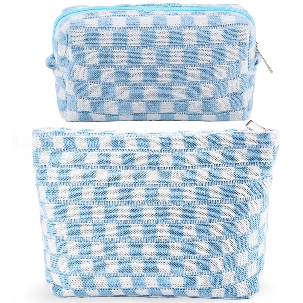 ZLFSRQ 2Pcs Checkered Makeup Bag for Women Large Small Checkered Cosmetic Bag Set Aesthetic Preppy Pencil Case Cute Pencil Pouch Blue Makeup Pouch for Purse Travel Toiletry Bags Zipper Skincare Bags