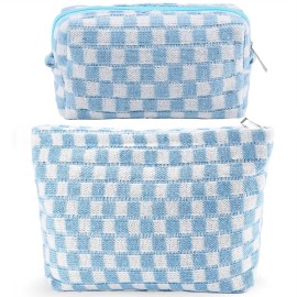 ZLFSRQ 2Pcs Checkered Makeup Bag for Women Large Small Checkered Cosmetic Bag Set Aesthetic Preppy Pencil Case Cute Pencil Pouch Blue Makeup Pouch for Purse Travel Toiletry Bags Zipper Skincare Bags