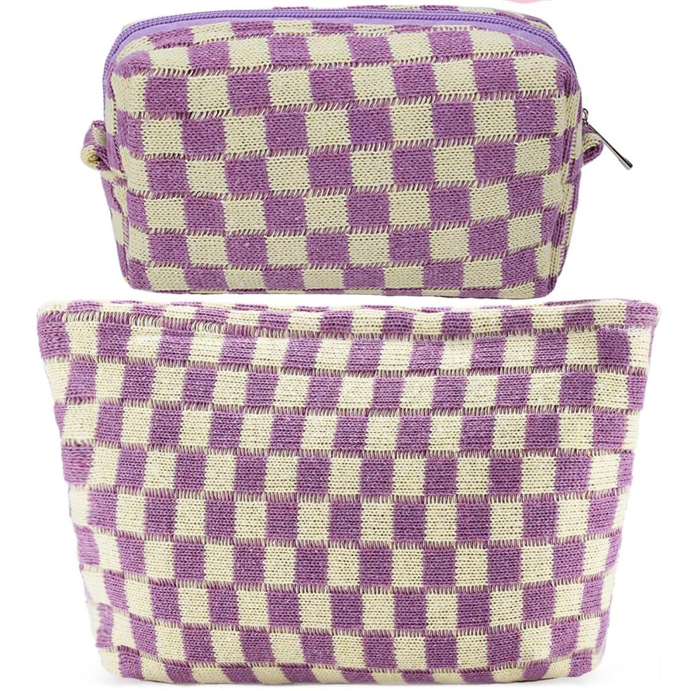 ZLFSRQ 2Pcs Checkered Makeup Bag for Women Large Small Checkered Cosmetic Bag Set Aesthetic Preppy Pencil Case Cute Pencil Pouch Purple Makeup Pouch for Purse Travel Toiletry Bags Zipper Skincare Bags
