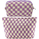 ZLFSRQ 2Pcs Checkered Makeup Bag for Women Large Small Checkered Cosmetic Bag Set Aesthetic Preppy Pencil Case Cute Pencil Pouch Purple Makeup Pouch for Purse Travel Toiletry Bags Zipper Skincare Bags