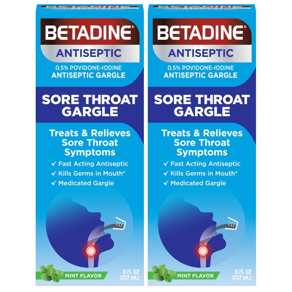 Betadine Sore Throat Relief Gargle, Mint Flavor, Fast Acting Antiseptic, Povidone-Iodine 0.5%, 8 oz (Pack of 2)