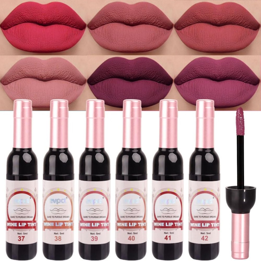 evpct Wine Bottle Lip Tint Stain 6 Colors Set Rose Red Chestnut Nude Brown Dark Plum Purple Matte Long Lasting 24 Hour Liquid Lipstick Set for Women labiales mate 24 horas originales labiales magicos