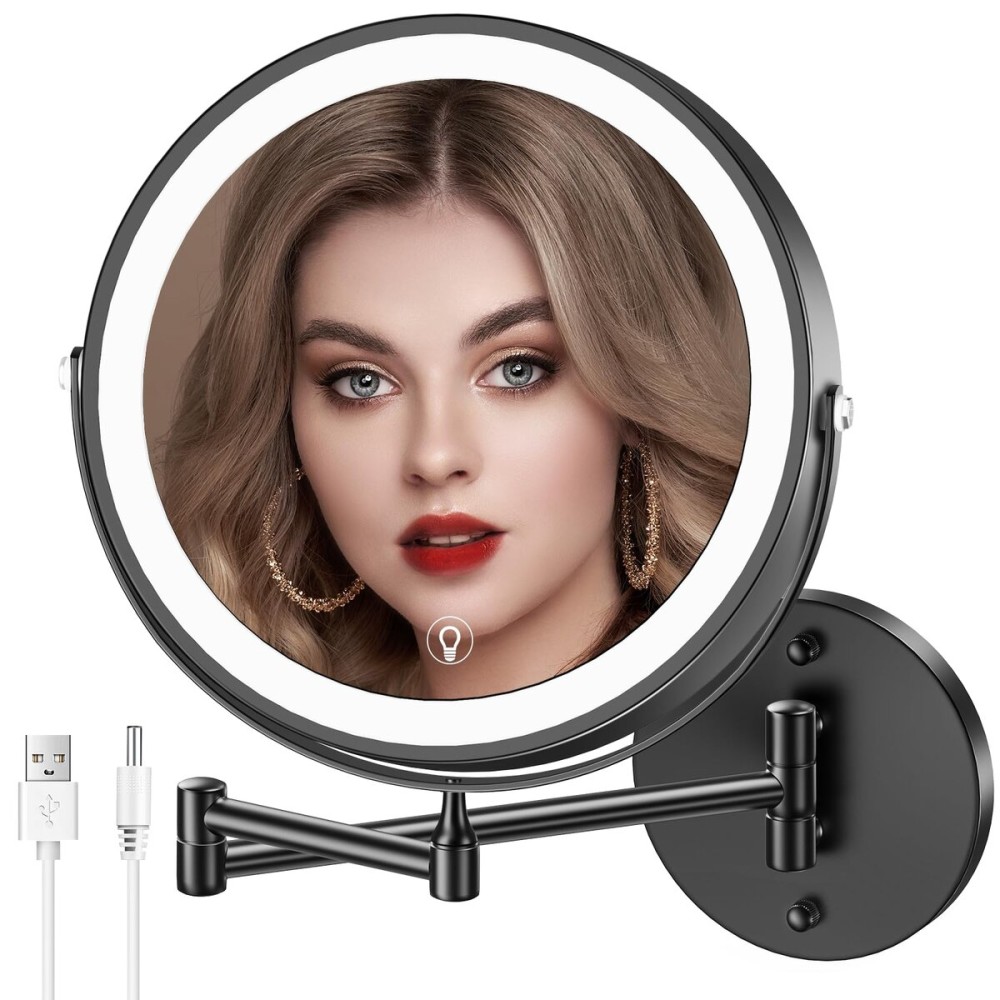 MNIENT Wall Mounted Lighted Makeup Mirror, 8 Rechargeable Double-Sided Light up Magnifying Mirror 1x/10x,3 Color Led Vanity Mirror with Lights,Touch Dimmable 360 Rotation Foldable-Black